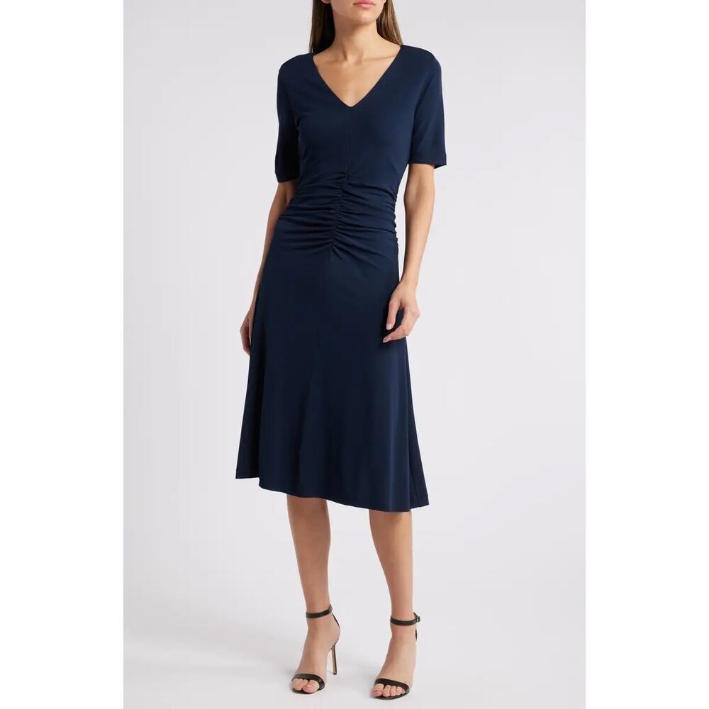 Boss Hugo Boss Erina Midi Dress Dark Blue Ruched Dress Xl Minimalist Modest